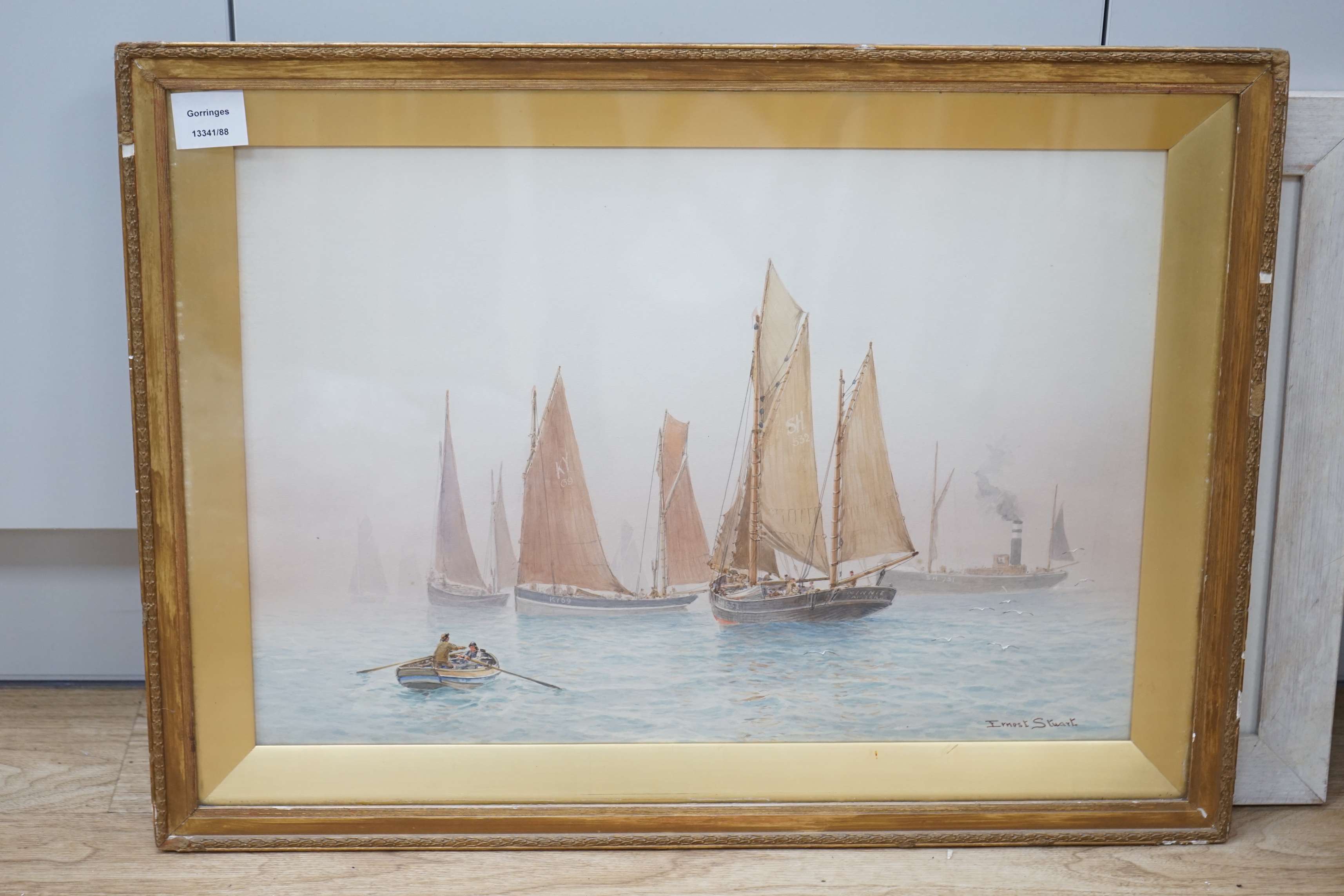 Ernest Stuart (fl.1889-1915), watercolour, Fishing boats at sea, signed, 35 x 53cm